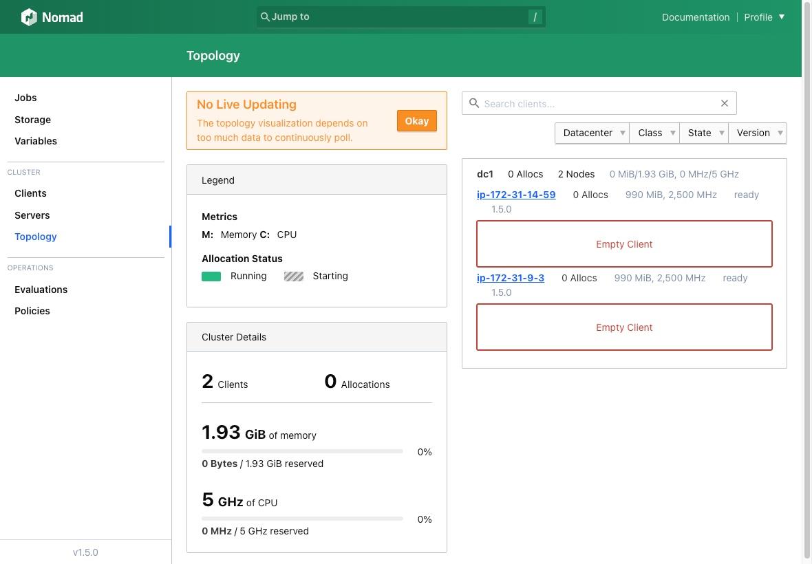 A screenshot of the Nomad UI displaying the cluster topology