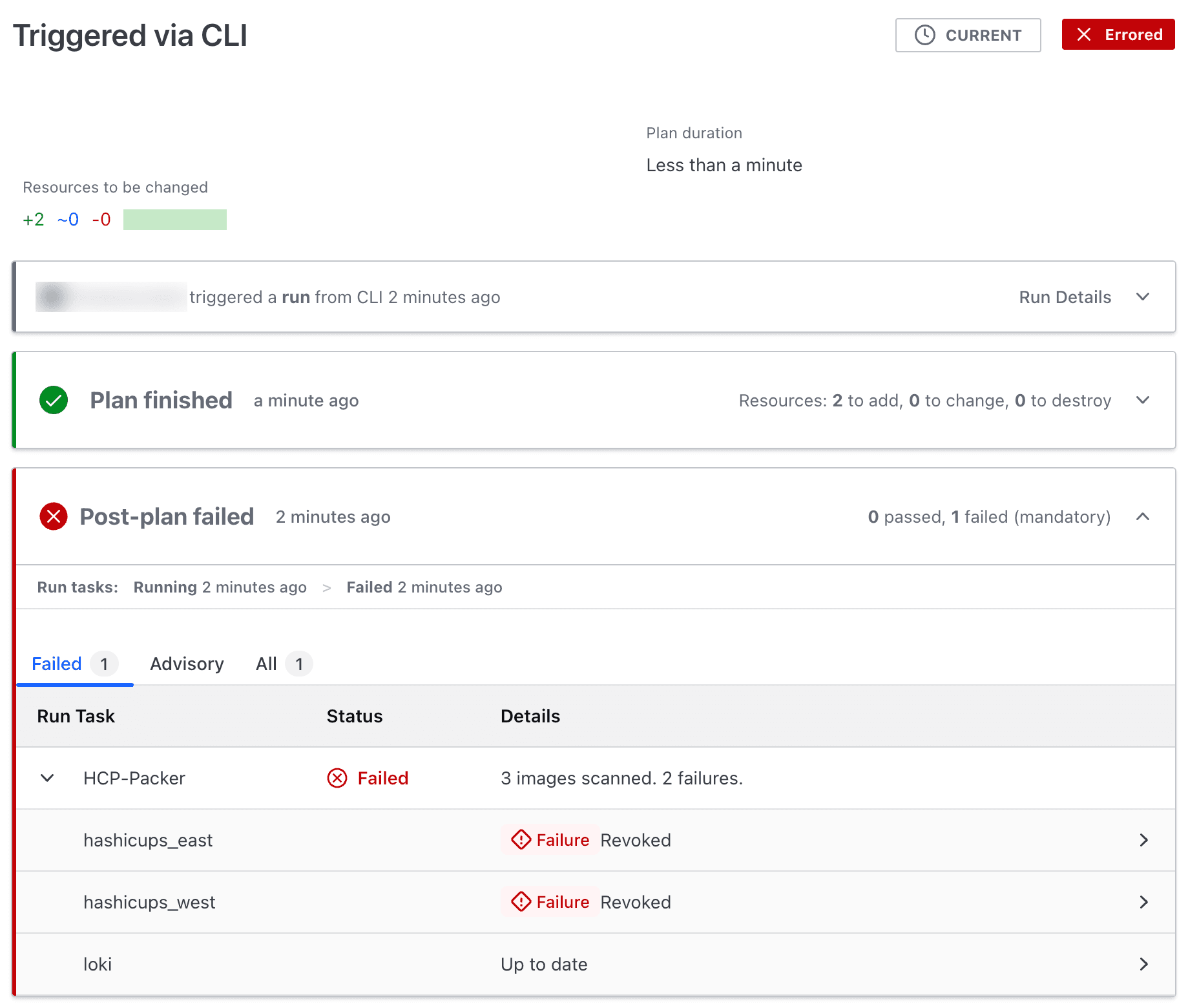 Data source image validation results: 3 resources scanned. 2 using revoked images. No newer version was found for the revoked images. Use Packer to build compliant images and send information to HCP Packer. When using channels, the channel must be re-assigned to a valid version