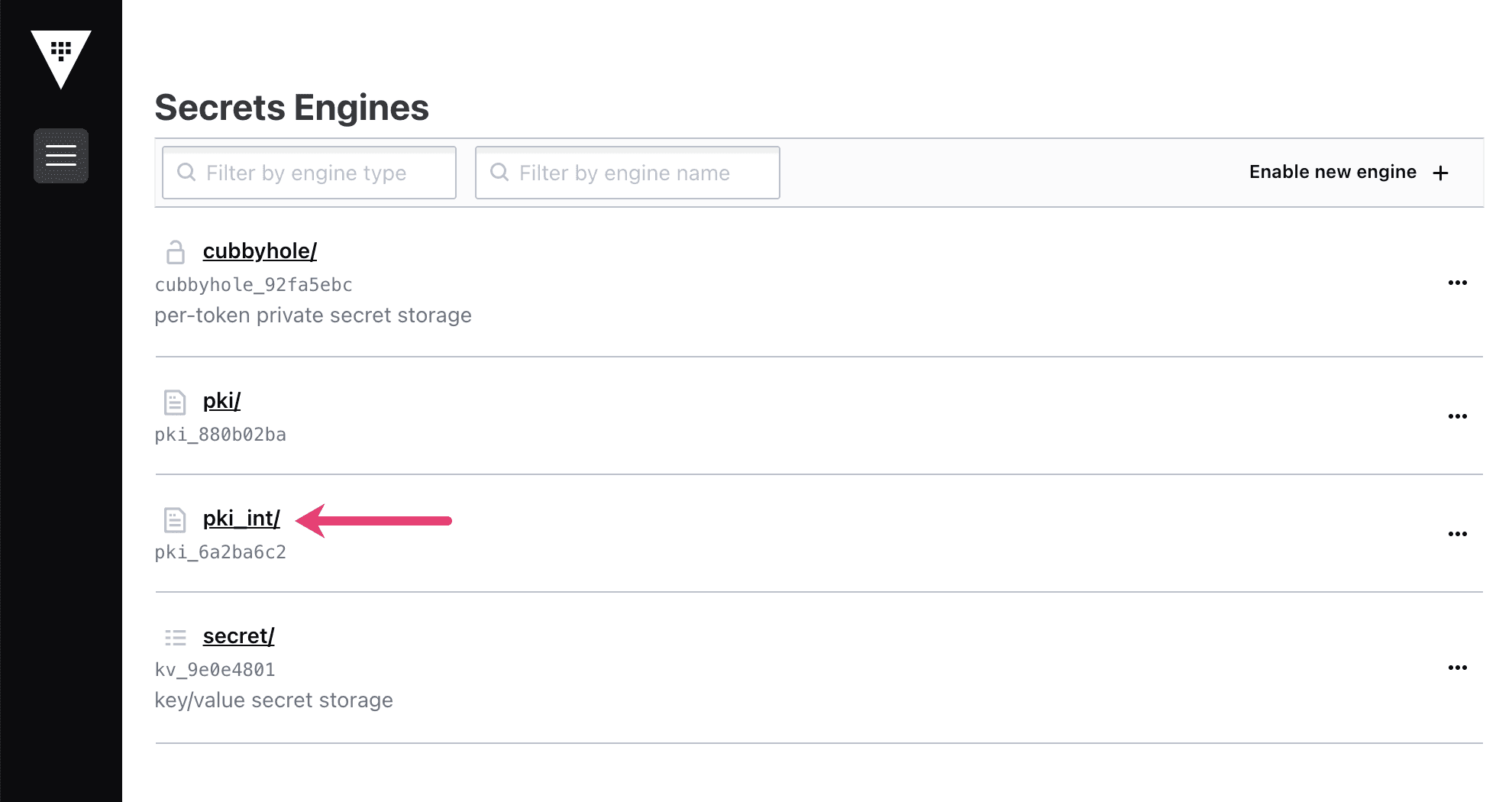 Select the PKI int secrets engine