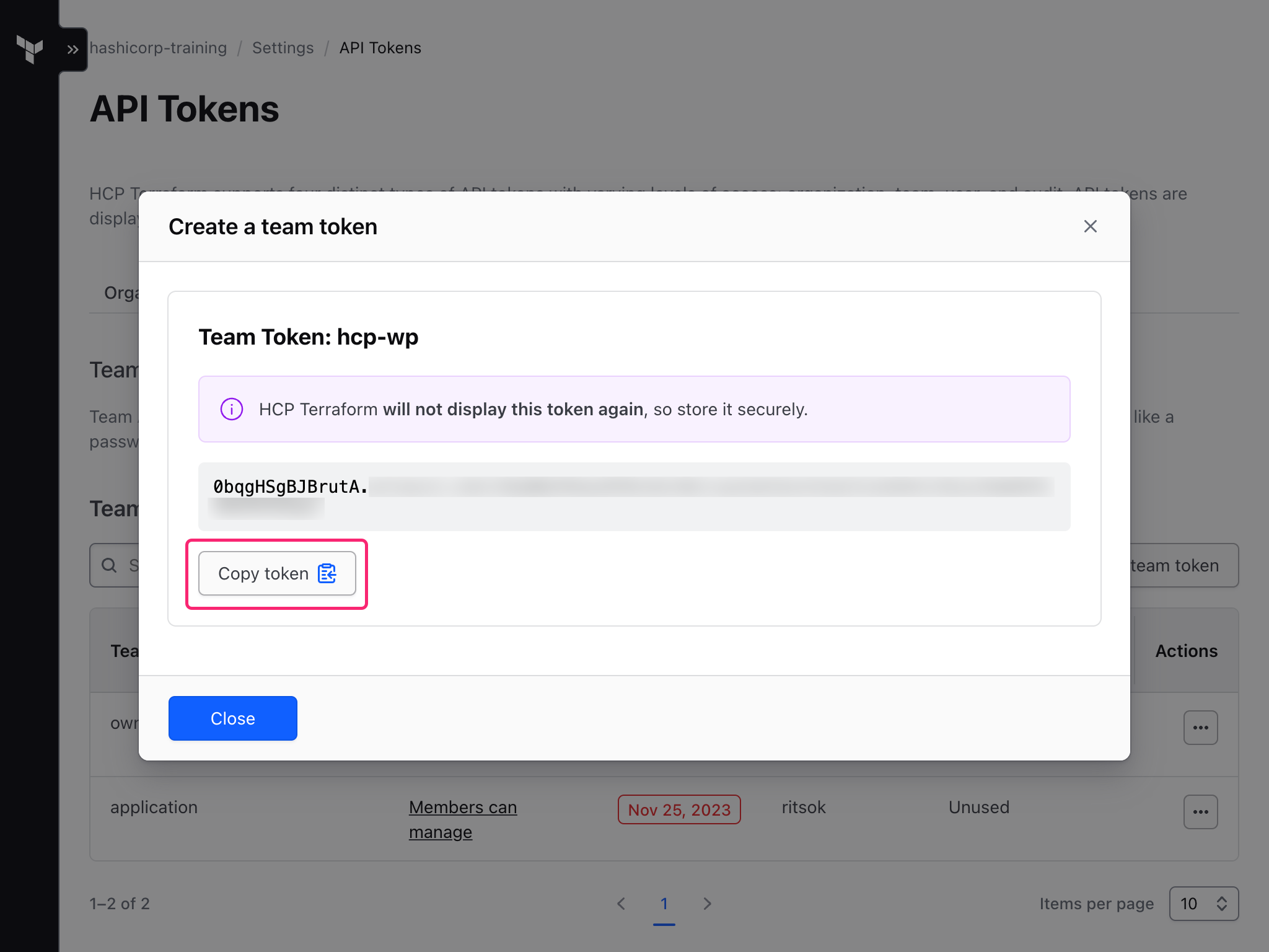 HCP Terraform team token page with copy button highlighted